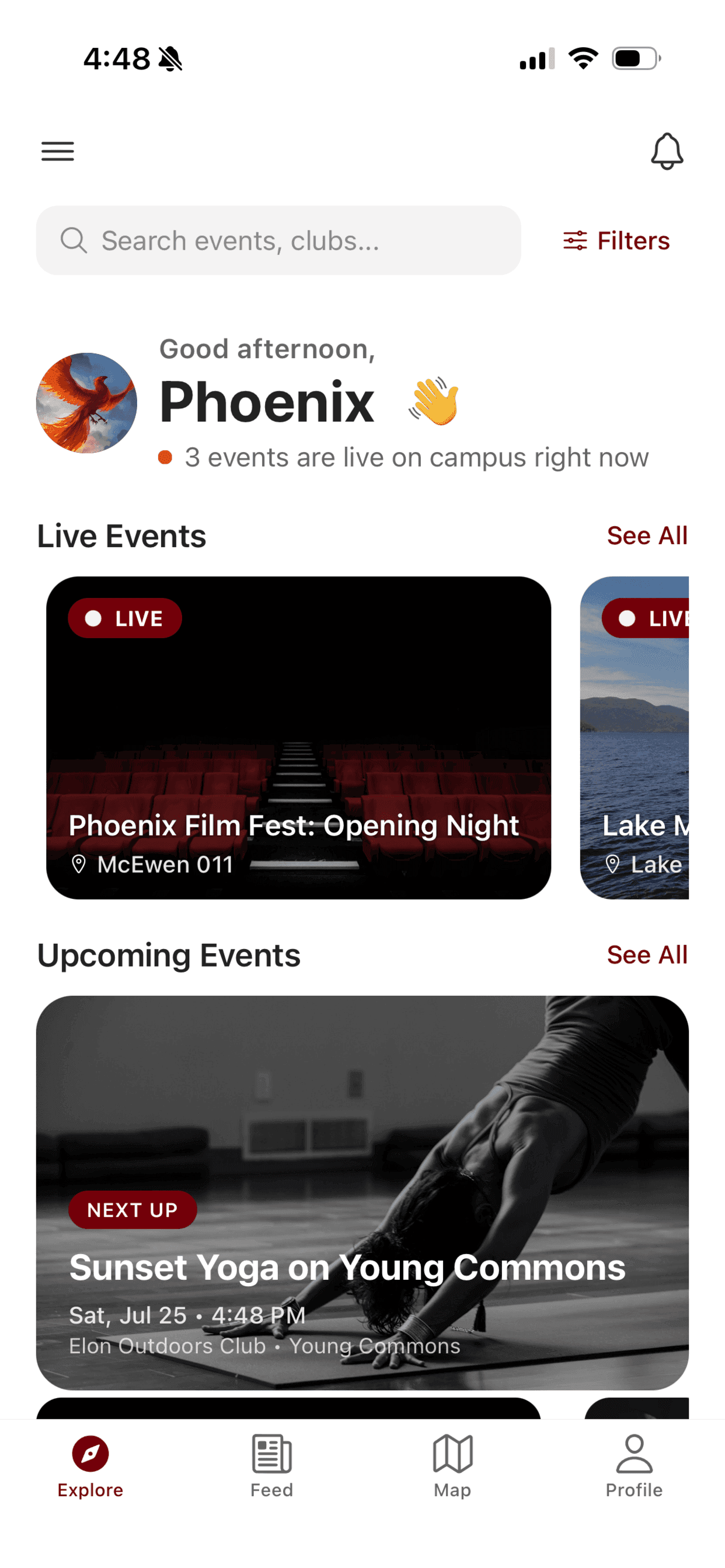 The Quad app Explore screen: a personalized list of upcoming Elon events, recommendations, and your clubs